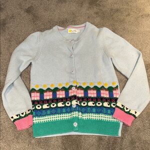 Mini Boden Blue Cardigan with Colorful Village Pattern